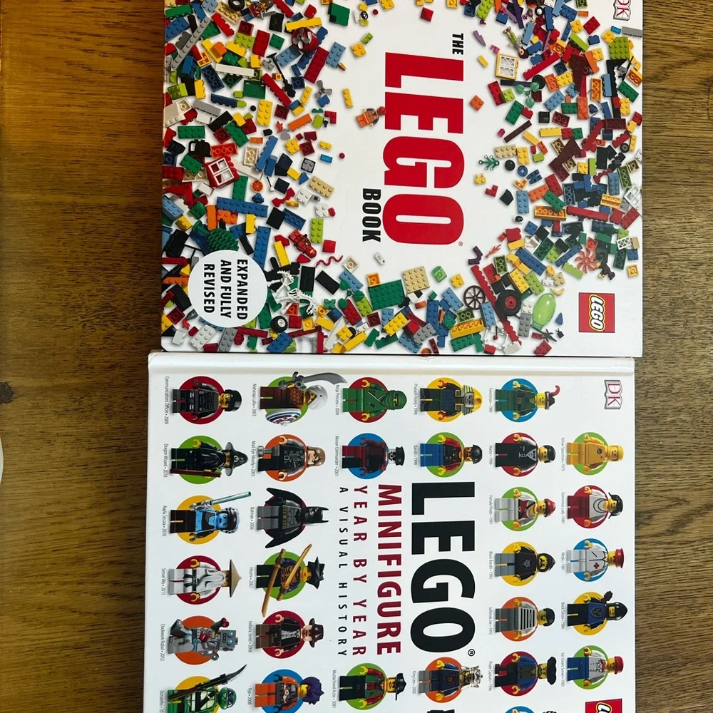 Lego White Hardcover Books with Multi-Color Brick and Minifigure Graphics